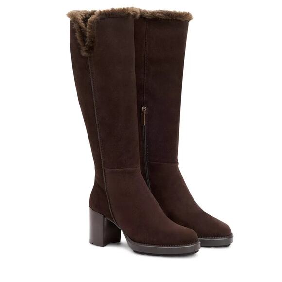 Aquatalia Ibis Suede Faux Fur Weatherproof Tall Boot Heeled Round Toe Br… - Picture 1 of 5